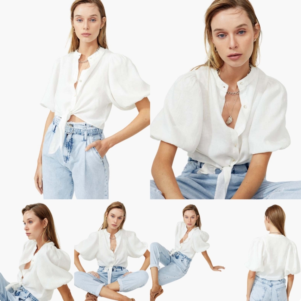 Lanhtropy 100% Linen Bubble Crop Top in Clay